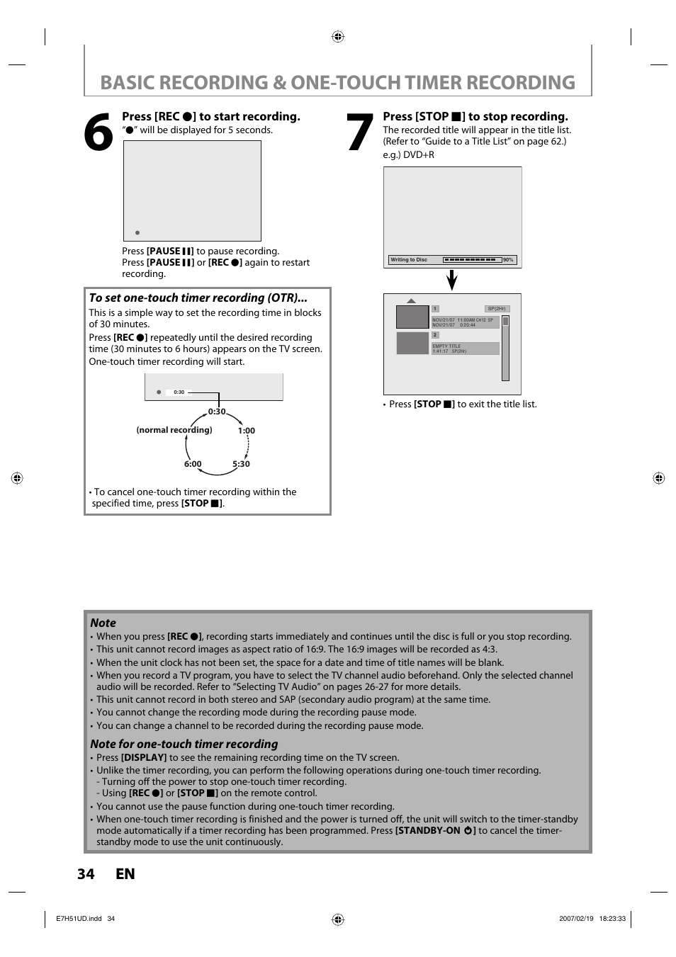 Basic recording & one-touch timer recording, 34 en 34 en | FUNAI ZC350MS8 User Manual | Page 34 / 102