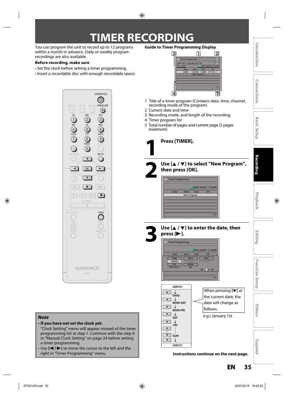 Timer recording, 35 en 35 en, Press [timer | Use [ k / l ] to enter the date, then press [ b | FUNAI ZC350MS8 User Manual | Page 35 / 102