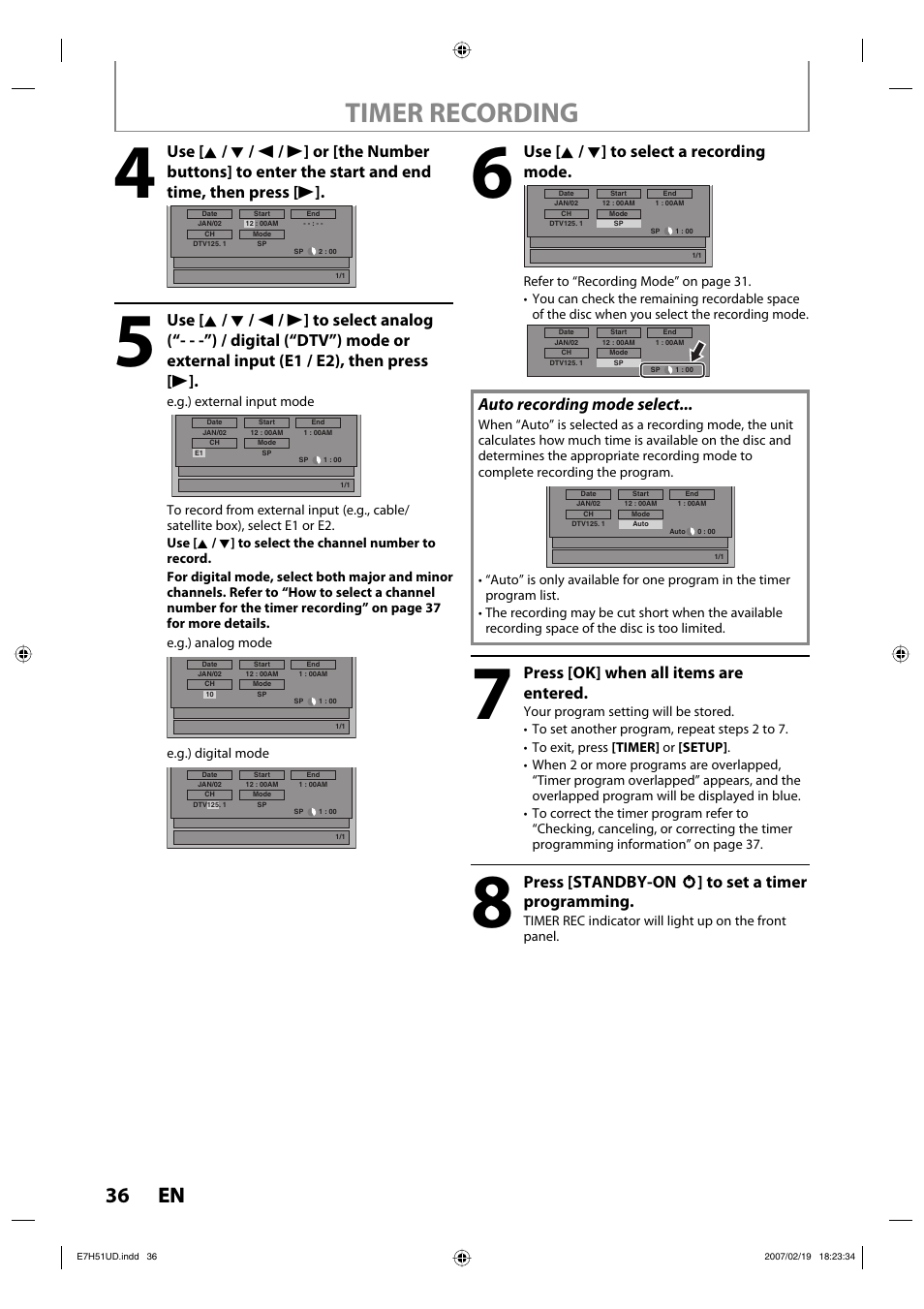 Timer recording, 36 en 36 en, Use [ k / l ] to select a recording mode | Auto recording mode select, Press [ok] when all items are entered, Press [standby-on y y ] to set a timer programming | FUNAI ZC350MS8 User Manual | Page 36 / 102