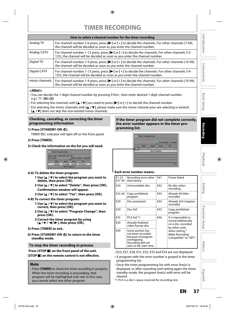 Timer recording, 37 en 37 en, Hint | FUNAI ZC350MS8 User Manual | Page 37 / 102