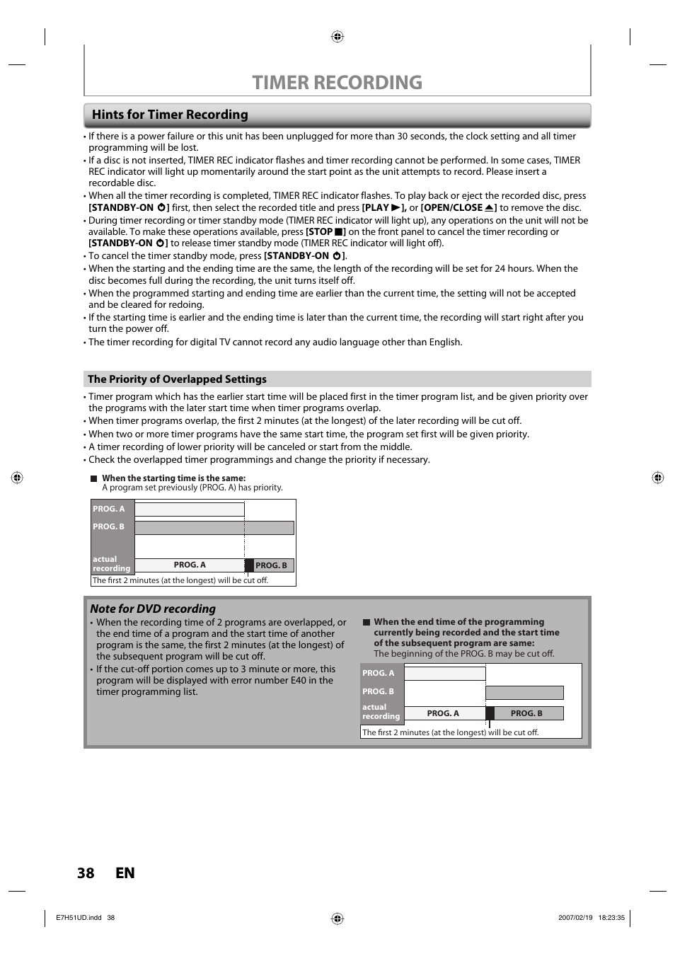 Timer recording, 38 en 38 en, Hints for timer recording | FUNAI ZC350MS8 User Manual | Page 38 / 102