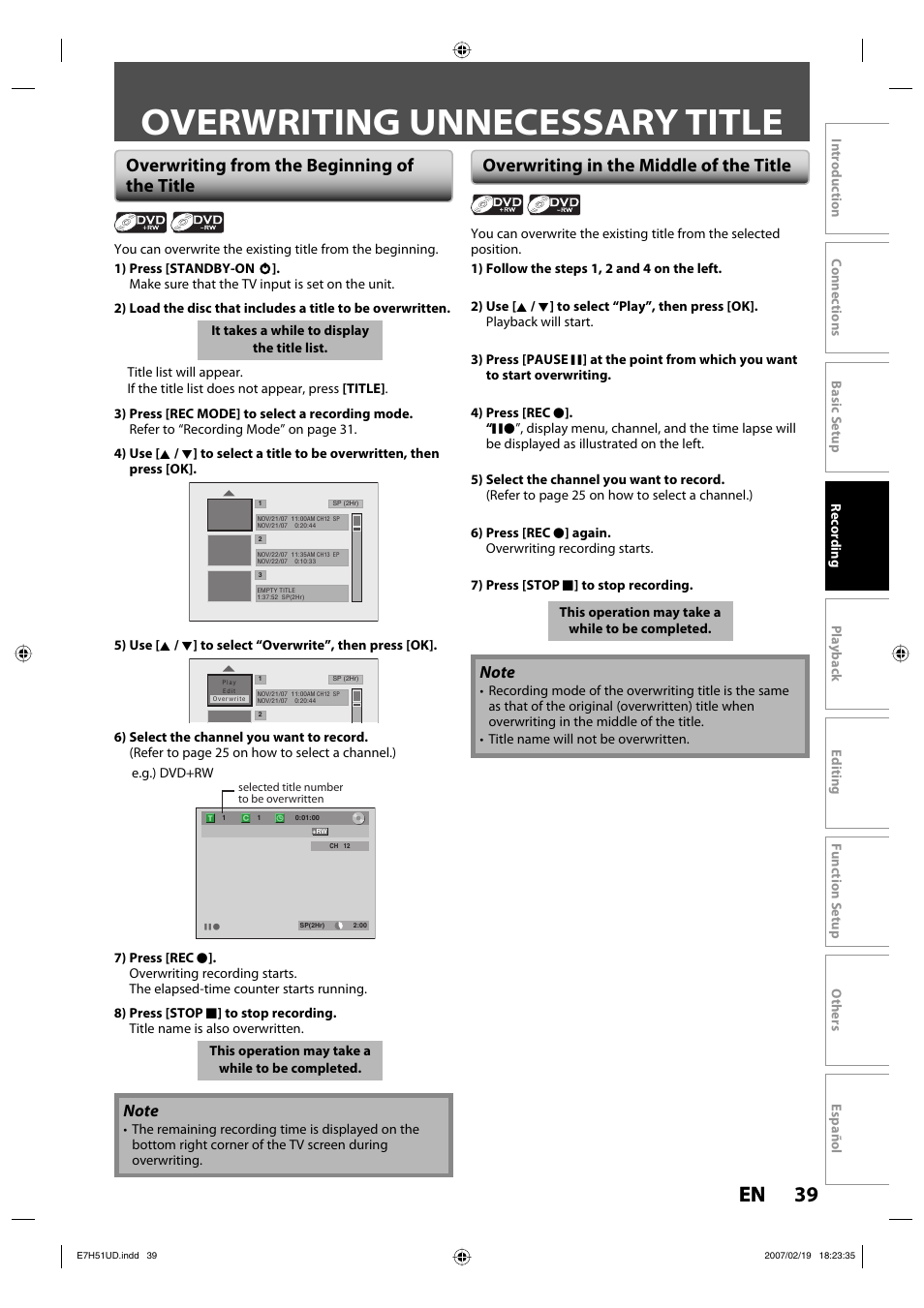 Overwriting unnecessary title, 39 en 39 en, Overwriting from the beginning of the title | Overwriting in the middle of the title | FUNAI ZC350MS8 User Manual | Page 39 / 102