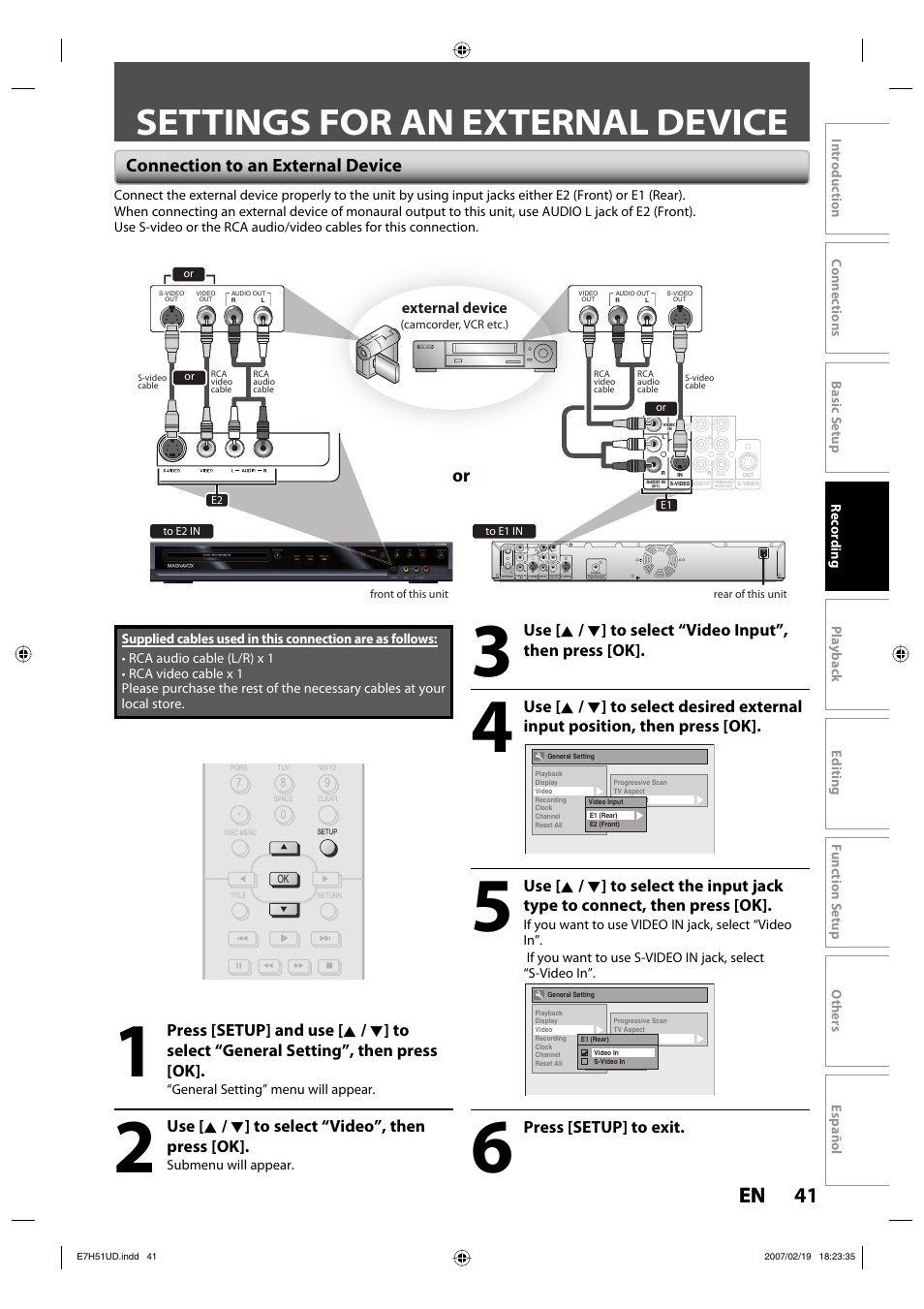 Settings for an external device, 41 en 41 en, Connection to an external device | Press [setup] to exit, Use [ k / l ] to select “video”, then press [ok, External device | FUNAI ZC350MS8 User Manual | Page 41 / 102