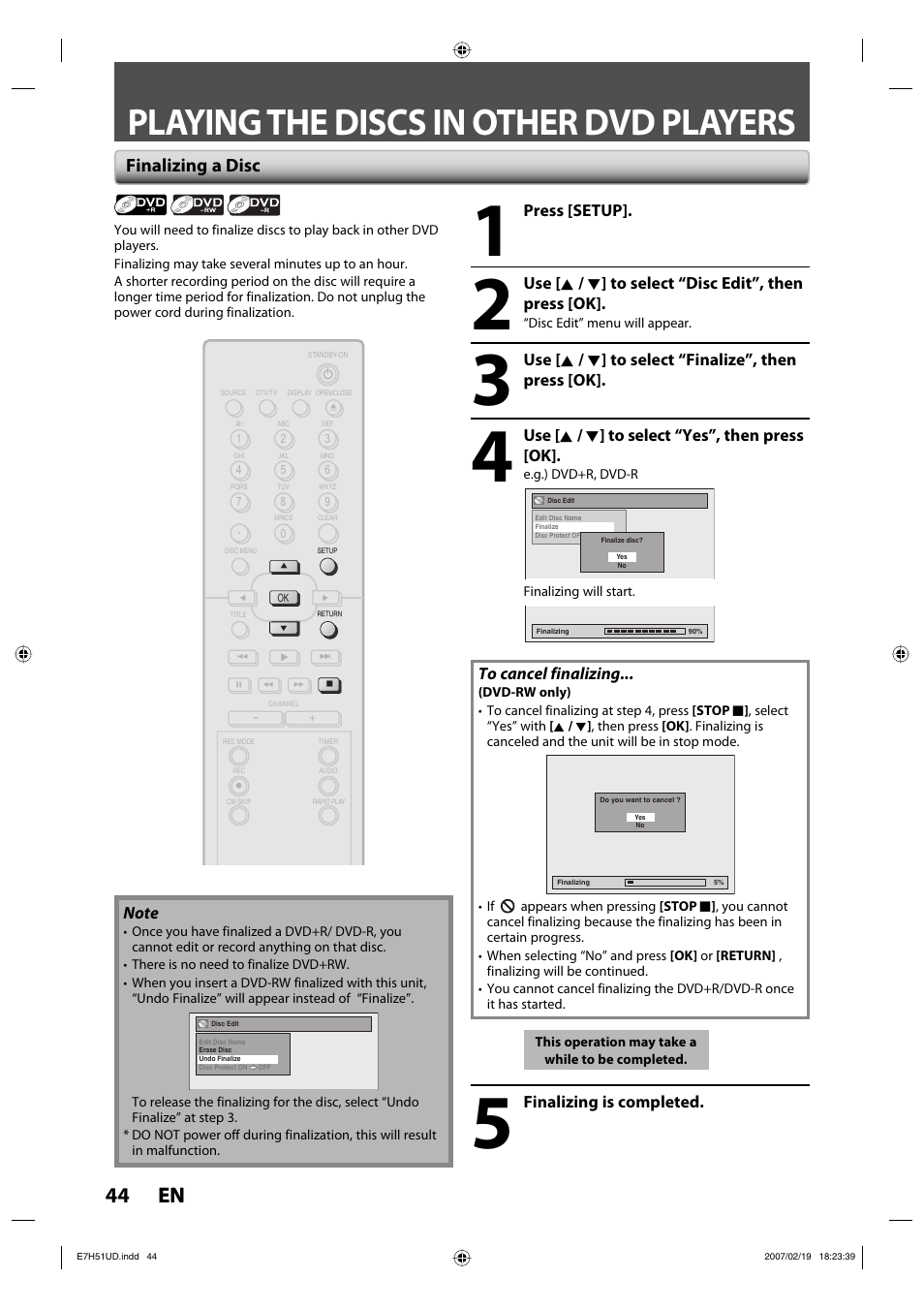 Playing the discs in other dvd players, 44 en 44 en, Finalizing a disc | FUNAI ZC350MS8 User Manual | Page 44 / 102