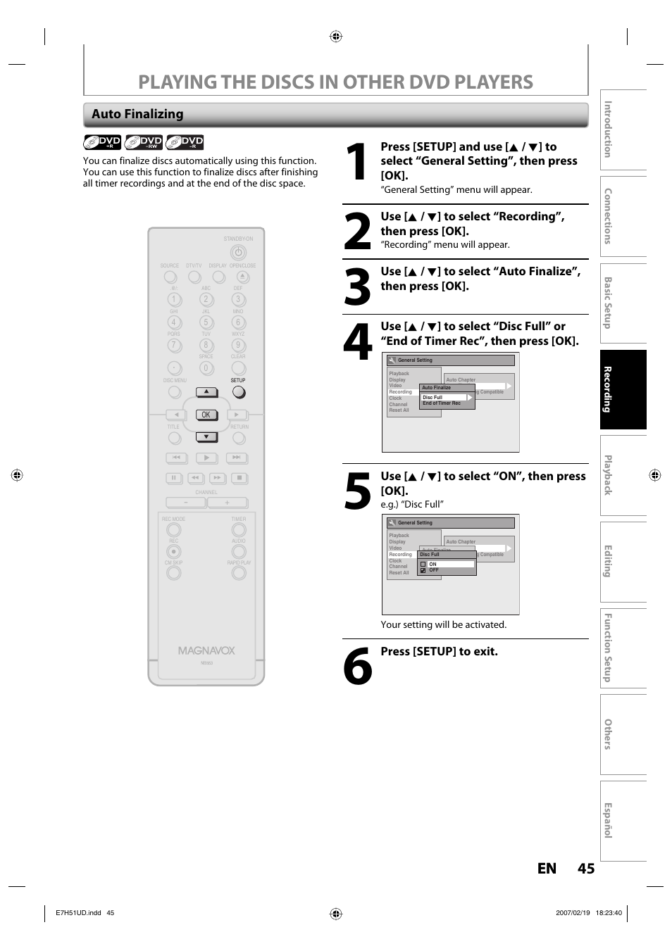 Playing the discs in other dvd players, 45 en 45 en, Auto finalizing | FUNAI ZC350MS8 User Manual | Page 45 / 102