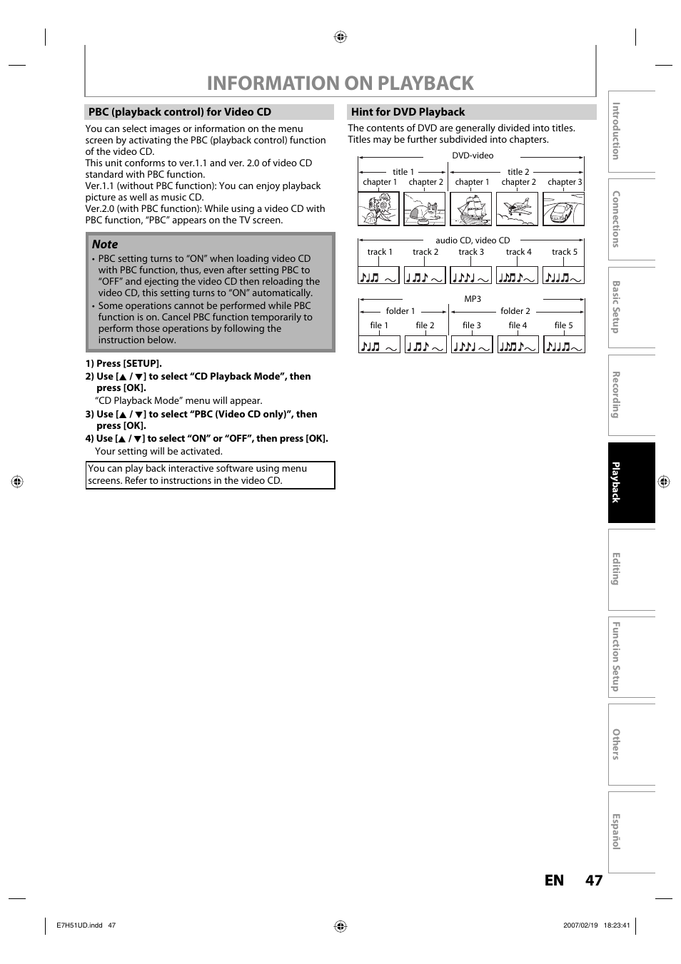 Information on playback, 47 en 47 en | FUNAI ZC350MS8 User Manual | Page 47 / 102