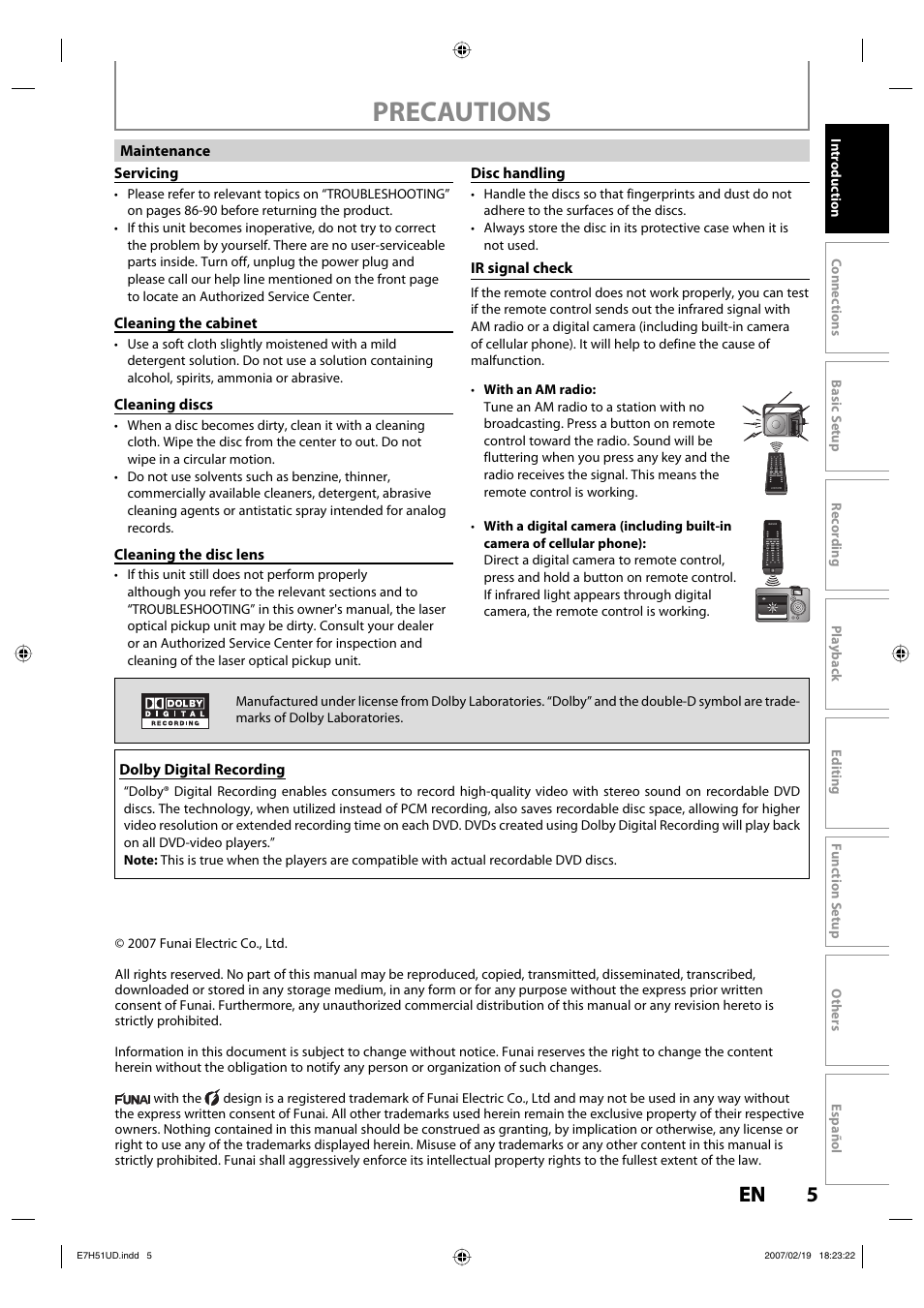 Precautions, 5en 5 en | FUNAI ZC350MS8 User Manual | Page 5 / 102