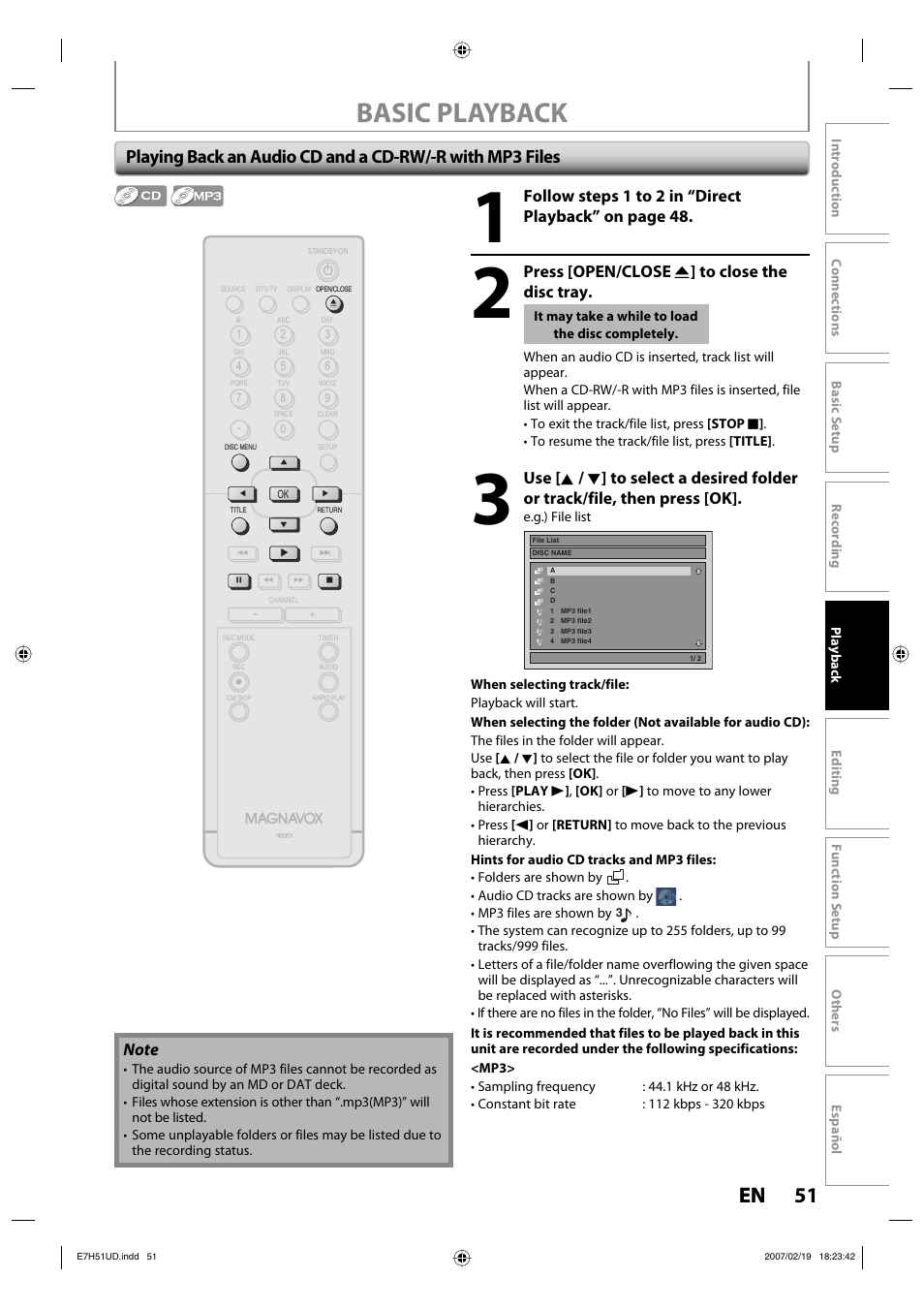 Basic playback, 51 en 51 en, Press [open/close a ] to close the disc tray | FUNAI ZC350MS8 User Manual | Page 51 / 102