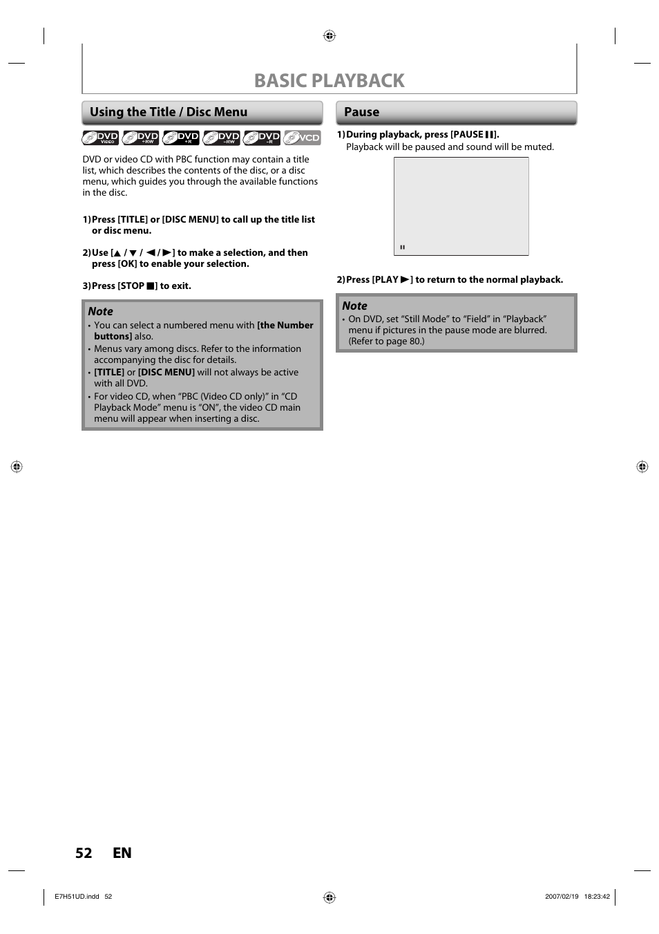 Basic playback, 52 en 52 en, Using the title / disc menu | Pause | FUNAI ZC350MS8 User Manual | Page 52 / 102