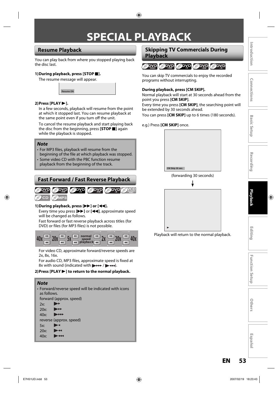 Special playback, 53 en 53 en, Resume playback | FUNAI ZC350MS8 User Manual | Page 53 / 102