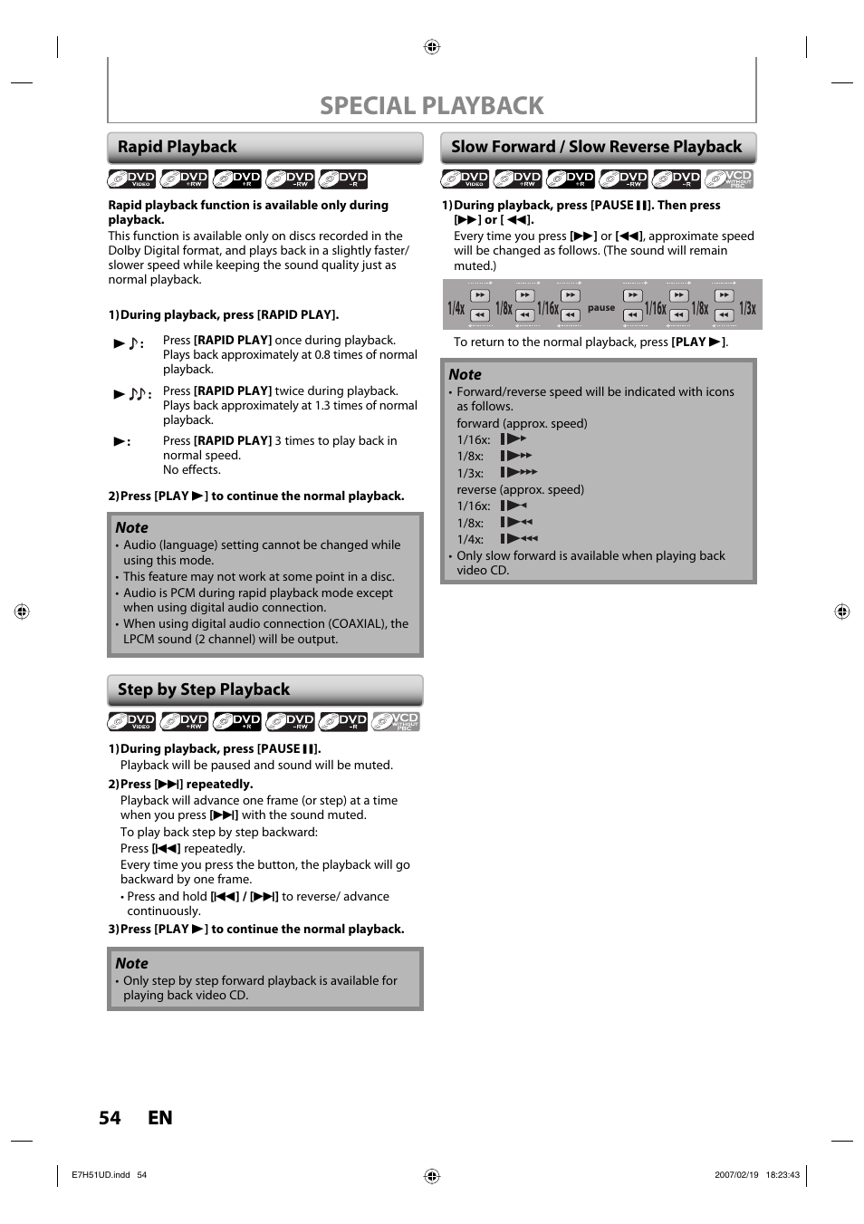 Special playback, 54 en 54 en, 1/8x | Rapid playback, Step by step playback, Slow forward / slow reverse playback | FUNAI ZC350MS8 User Manual | Page 54 / 102