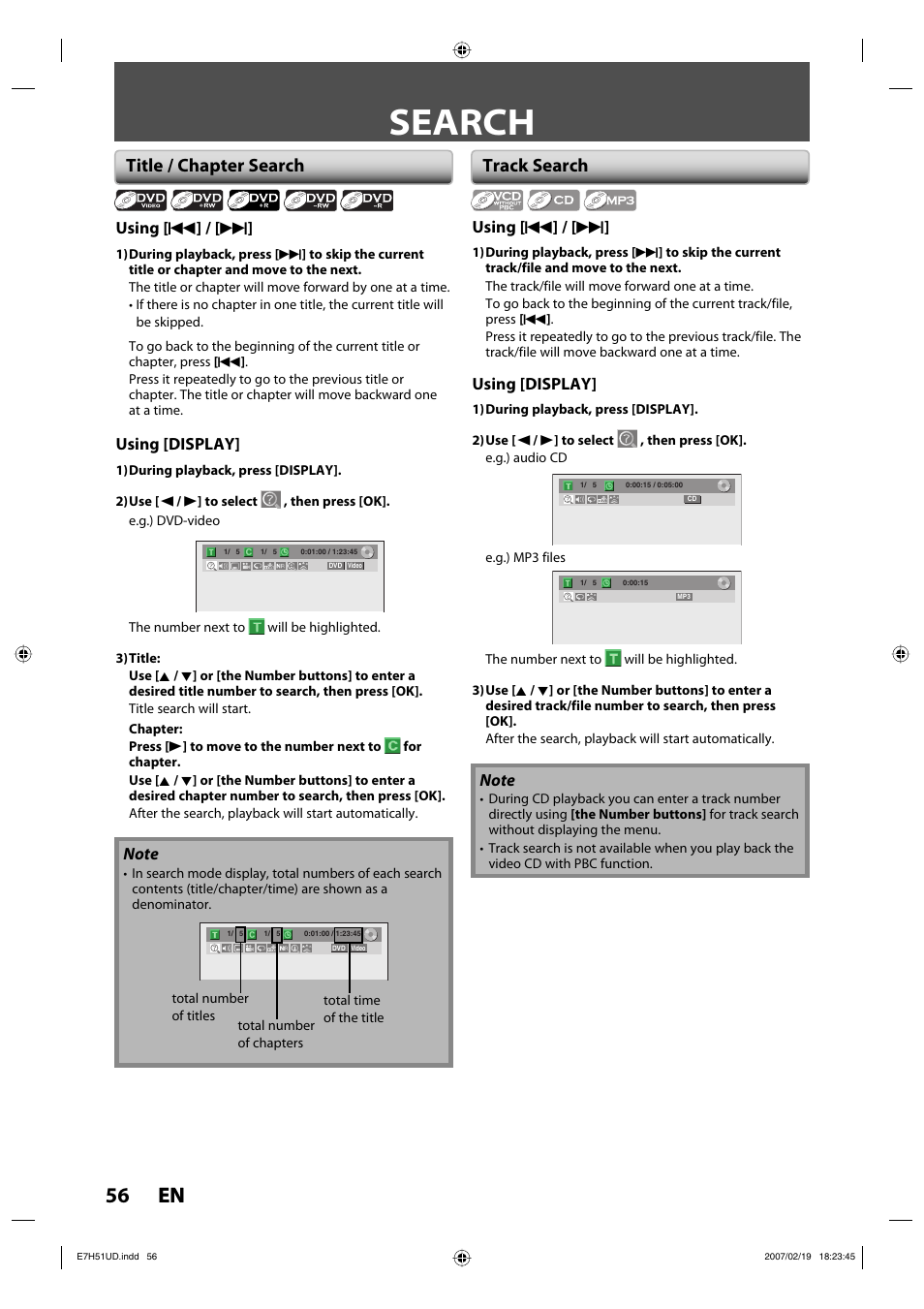 Search, 56 en 56 en, Title / chapter search | Track search | FUNAI ZC350MS8 User Manual | Page 56 / 102