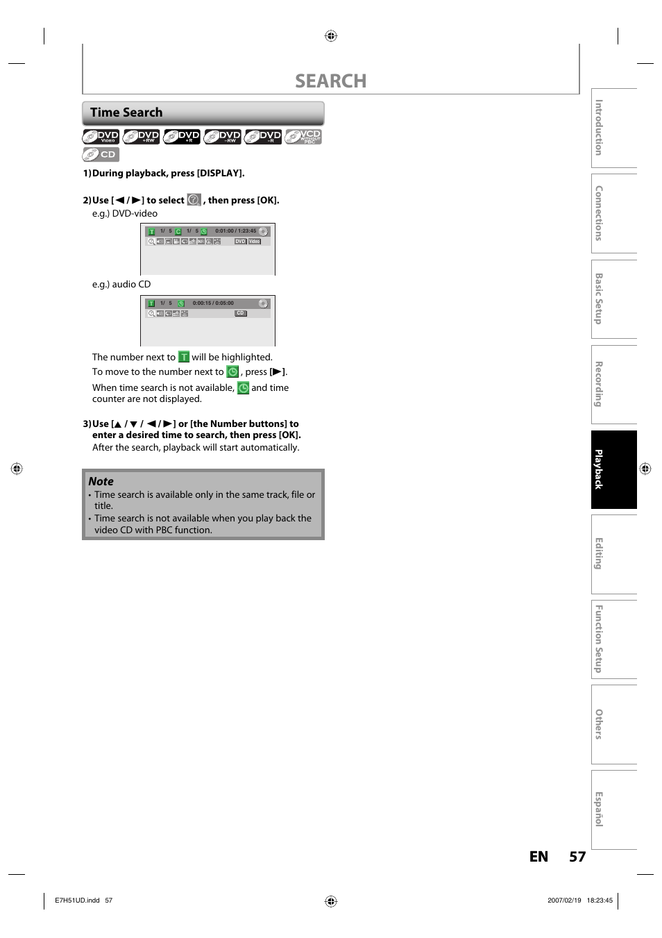 Search, 57 en 57 en, Time search | FUNAI ZC350MS8 User Manual | Page 57 / 102