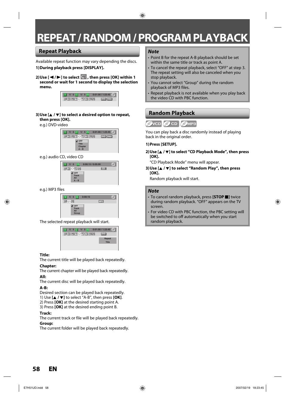 Repeat / random / program playback, 58 en 58 en, Repeat playback random playback | FUNAI ZC350MS8 User Manual | Page 58 / 102