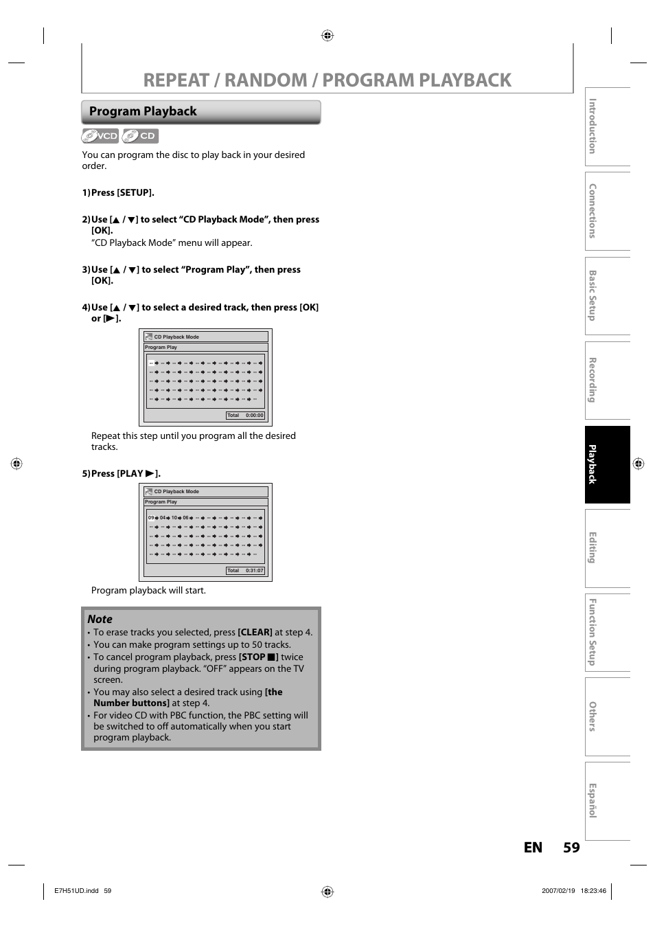 Repeat / random / program playback, 59 en 59 en, Program playback | Program playback will start | FUNAI ZC350MS8 User Manual | Page 59 / 102