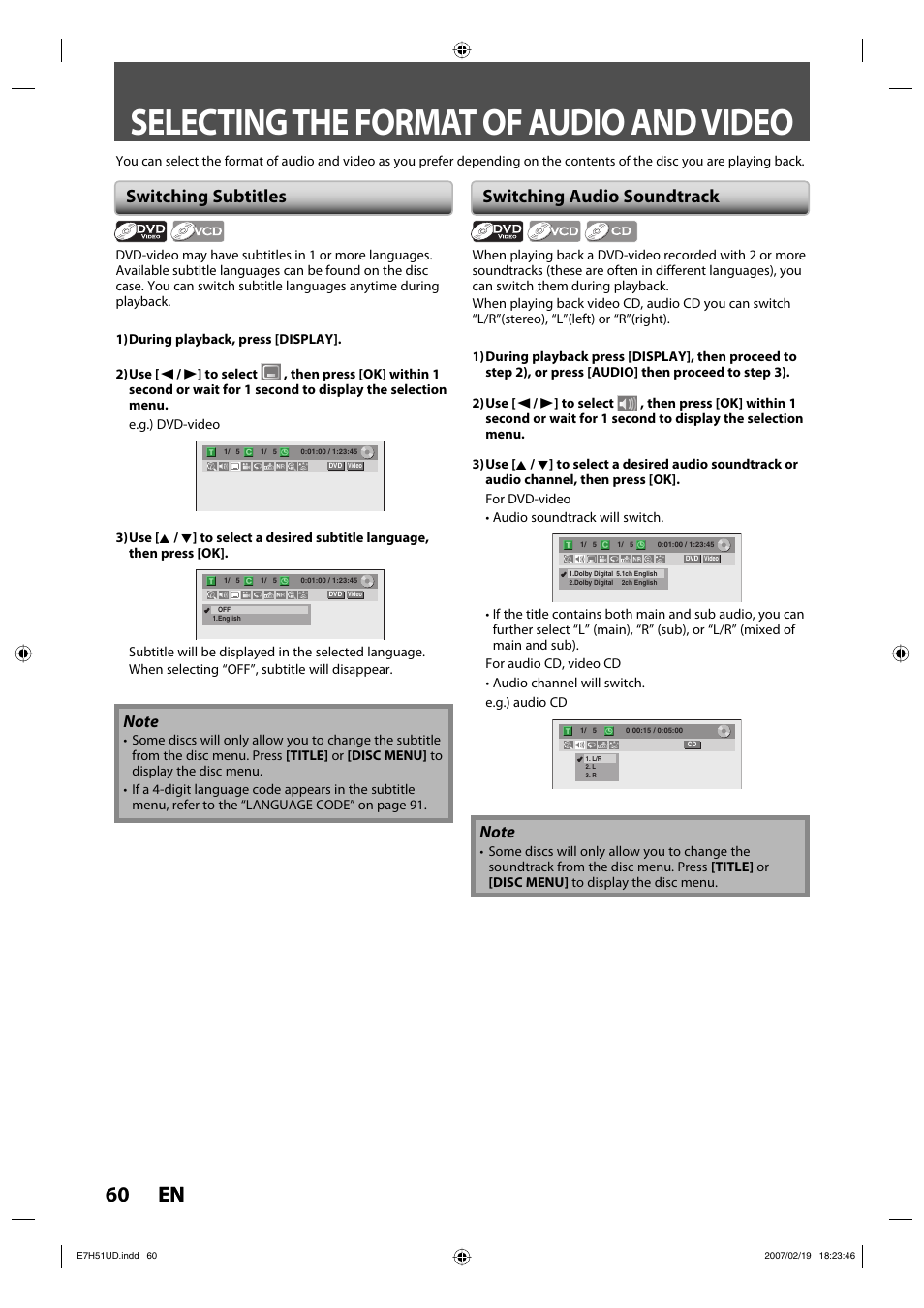 Selecting the format of audio and video, 60 en 60 en, Switching subtitles | Switching audio soundtrack | FUNAI ZC350MS8 User Manual | Page 60 / 102