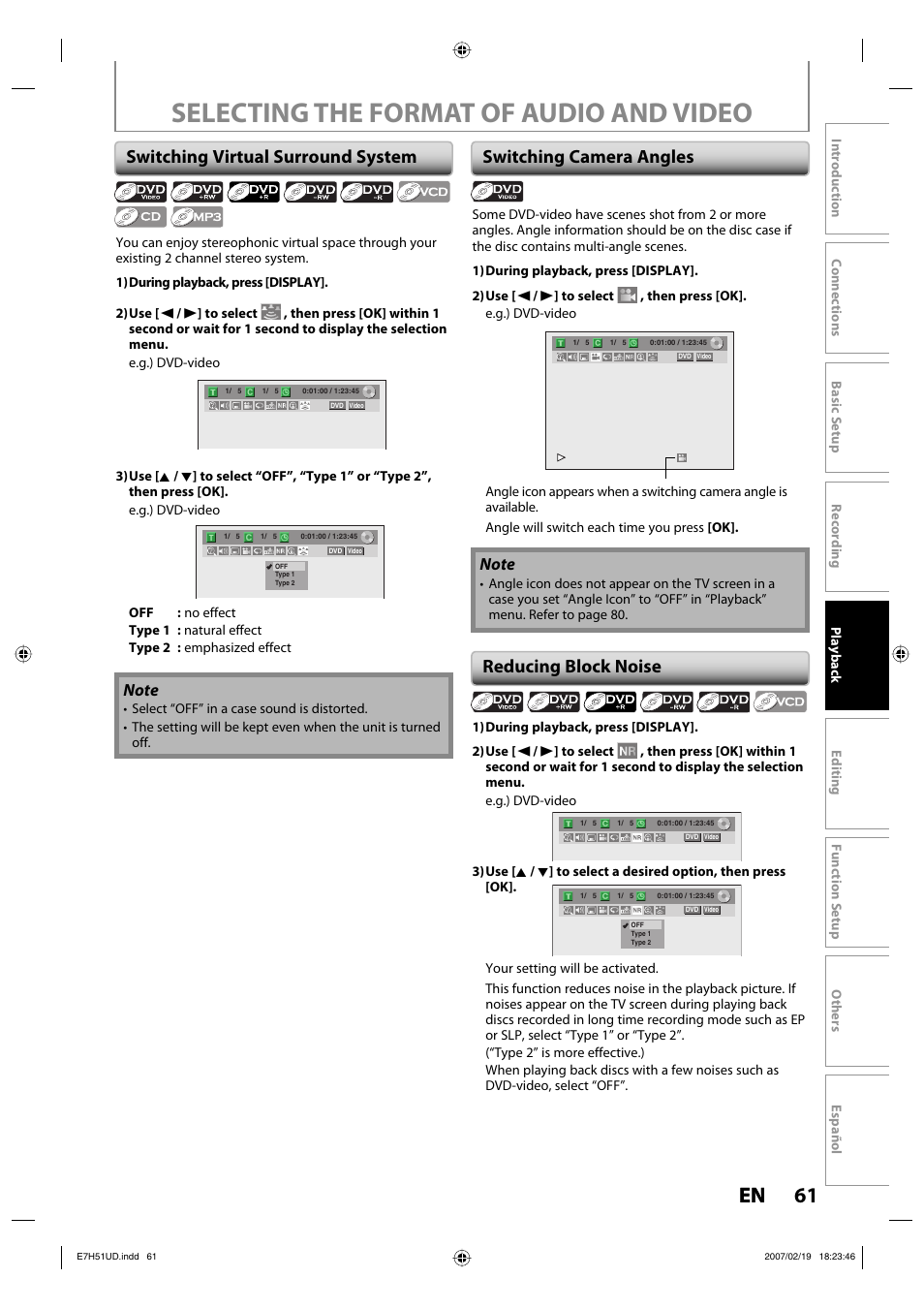 Selecting the format of audio and video, 61 en 61 en, Switching virtual surround system | Switching camera angles reducing block noise | FUNAI ZC350MS8 User Manual | Page 61 / 102