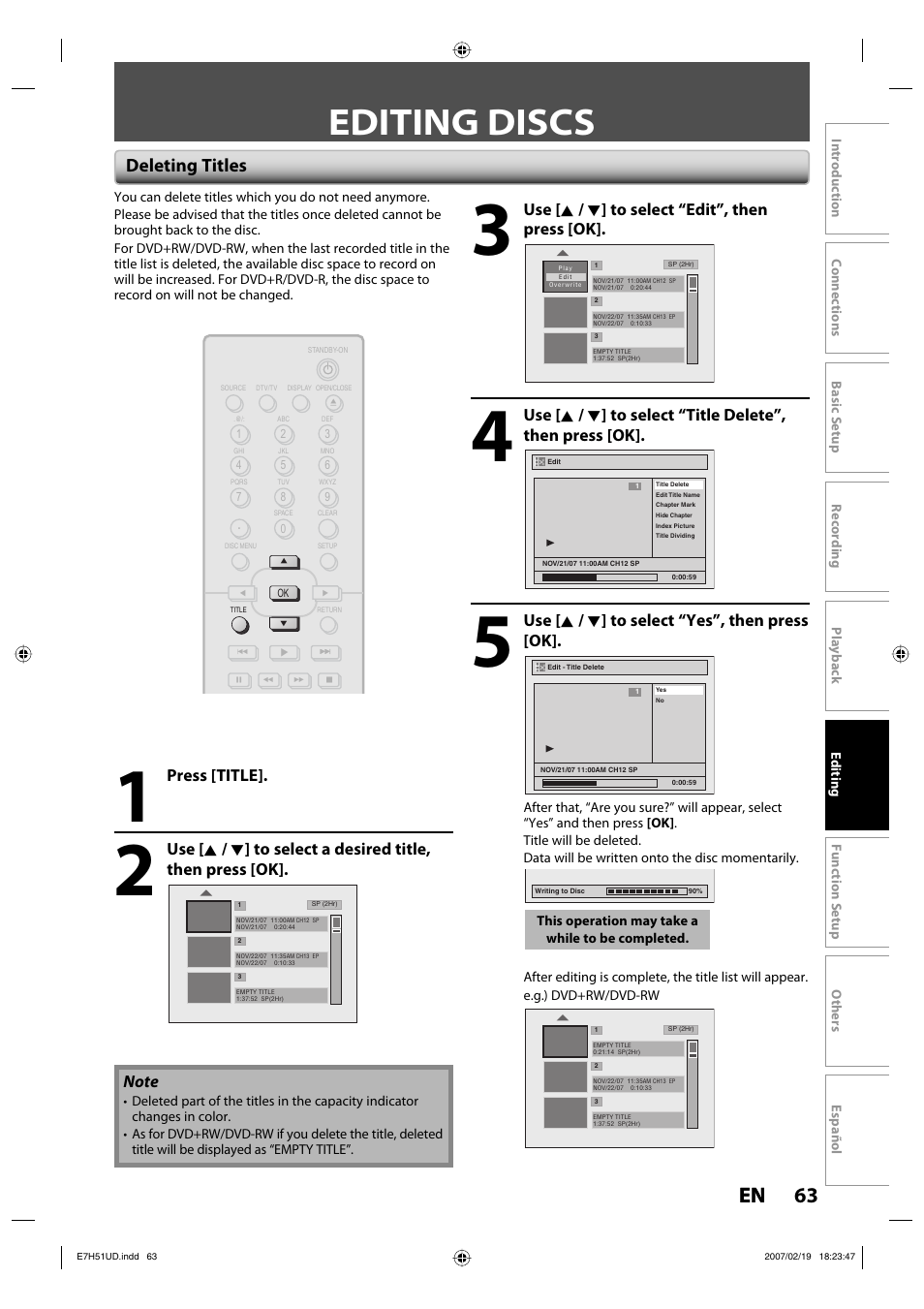 Editing discs, 63 en 63 en, Deleting titles | Use [ k / l ] to select “edit”, then press [ok, Use [ k / l ] to select “yes”, then press [ok, Press [title | FUNAI ZC350MS8 User Manual | Page 63 / 102