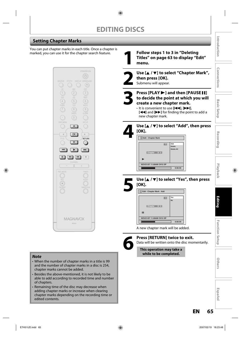 Editing discs, 65 en 65 en, Setting chapter marks | FUNAI ZC350MS8 User Manual | Page 65 / 102