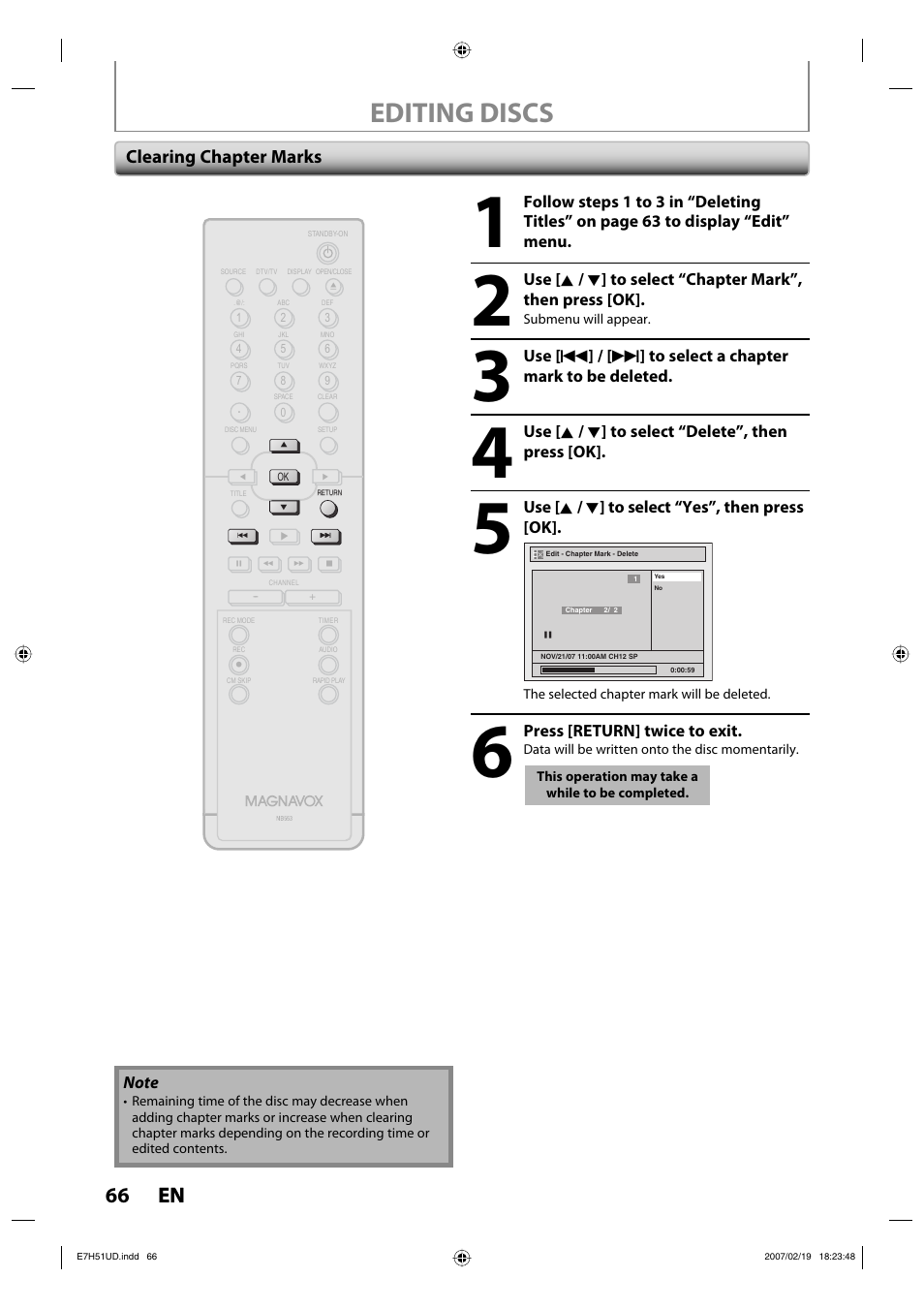Editing discs, 66 en 66 en, Clearing chapter marks | FUNAI ZC350MS8 User Manual | Page 66 / 102