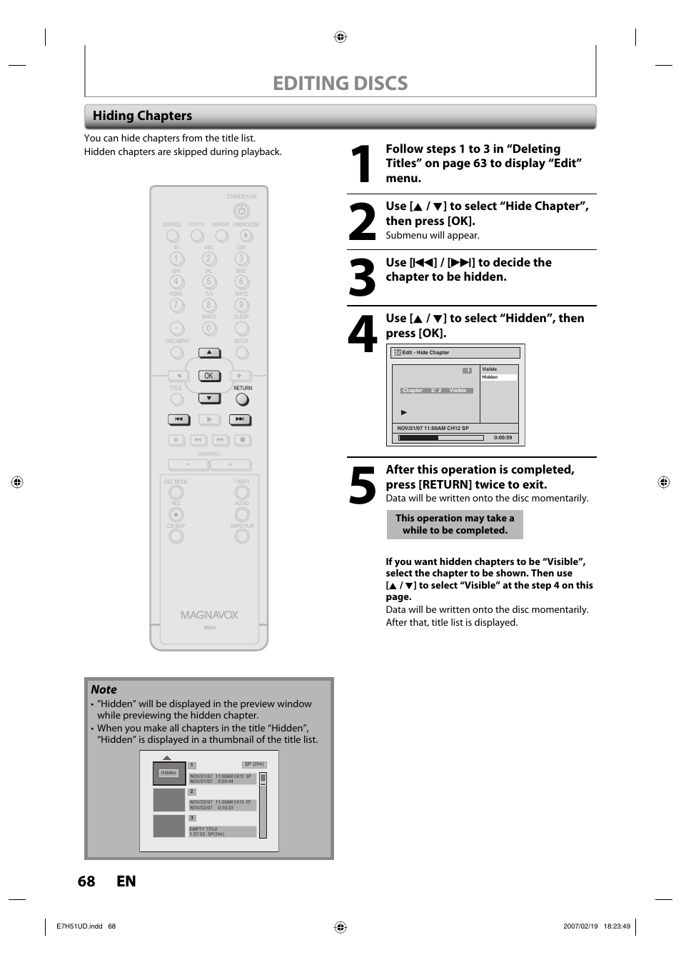Editing discs, 68 en 68 en, Hiding chapters | FUNAI ZC350MS8 User Manual | Page 68 / 102