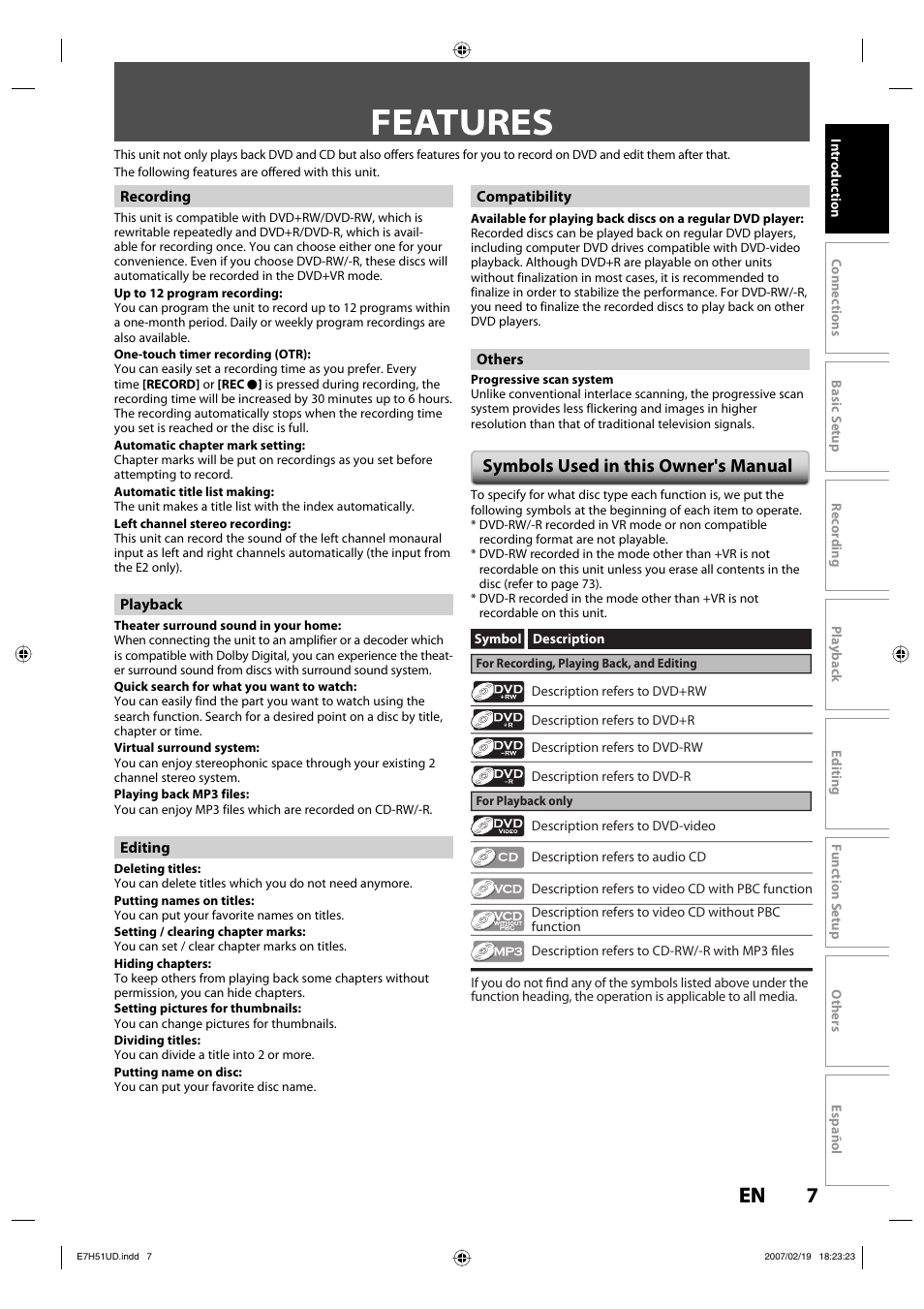 Features, 7en 7 en, Symbols used in this owner's manual | FUNAI ZC350MS8 User Manual | Page 7 / 102