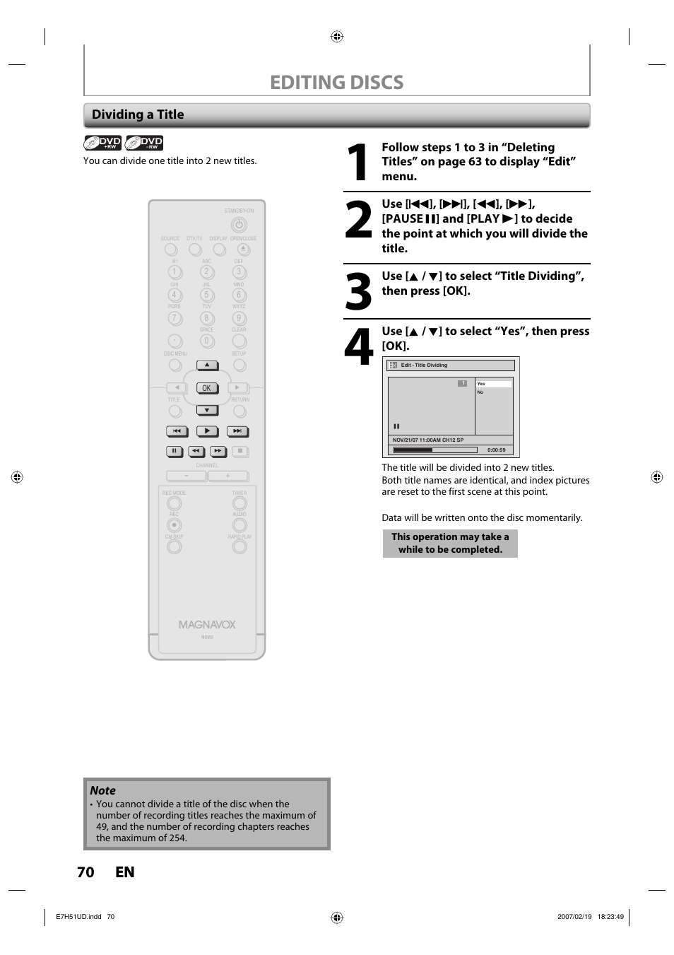 Editing discs, 70 en 70 en, Dividing a title | Use [ k / l ] to select “yes”, then press [ok | FUNAI ZC350MS8 User Manual | Page 70 / 102