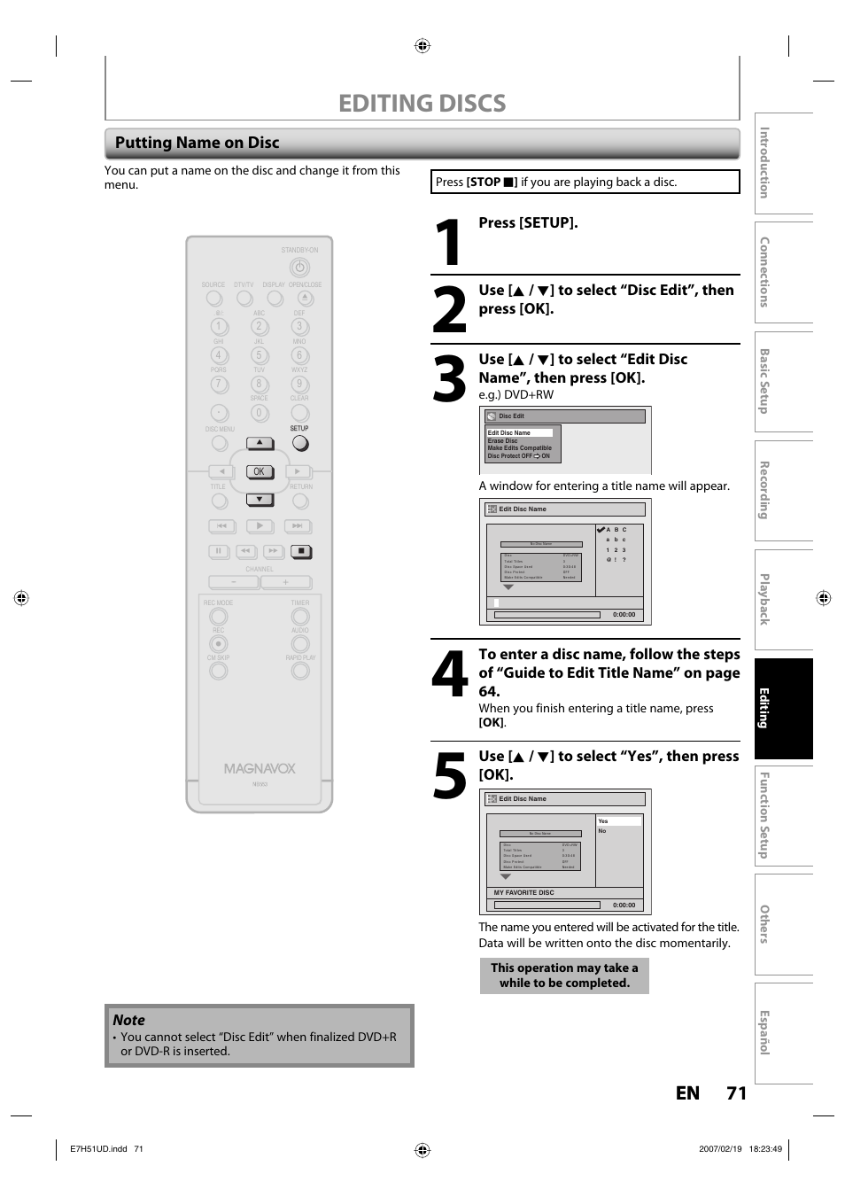 Editing discs, 71 en 71 en, Putting name on disc | Press [setup, Use [ k / l ] to select “yes”, then press [ok | FUNAI ZC350MS8 User Manual | Page 71 / 102