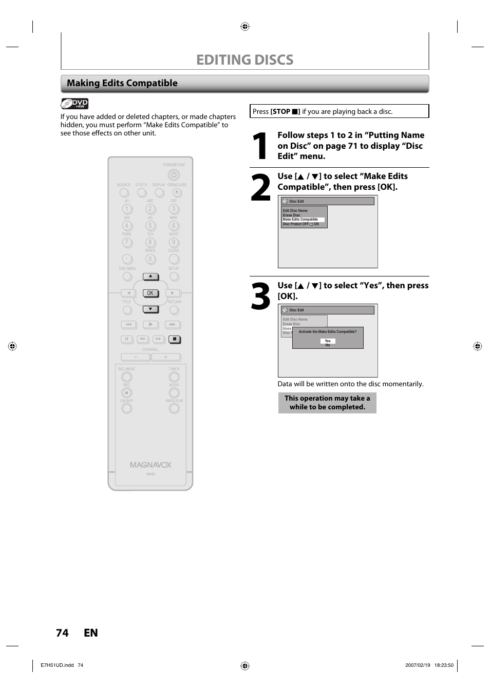 Editing discs, 74 en 74 en, Making edits compatible | Use [ k / l ] to select “yes”, then press [ok | FUNAI ZC350MS8 User Manual | Page 74 / 102