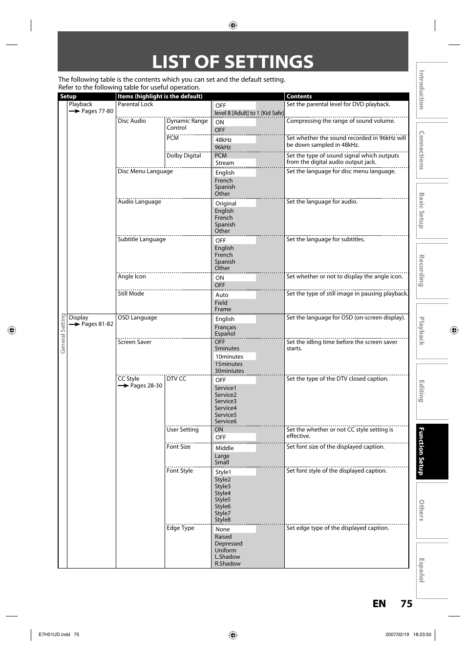 List of settings, 75 en 75 en | FUNAI ZC350MS8 User Manual | Page 75 / 102