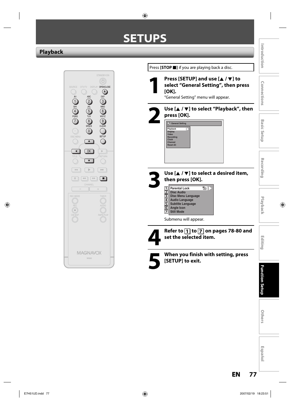 Setups, 77 en 77 en, Playback | FUNAI ZC350MS8 User Manual | Page 77 / 102