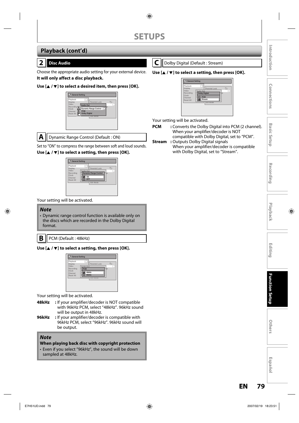 Setups, 79 en 79 en, Playback (cont’d) | FUNAI ZC350MS8 User Manual | Page 79 / 102