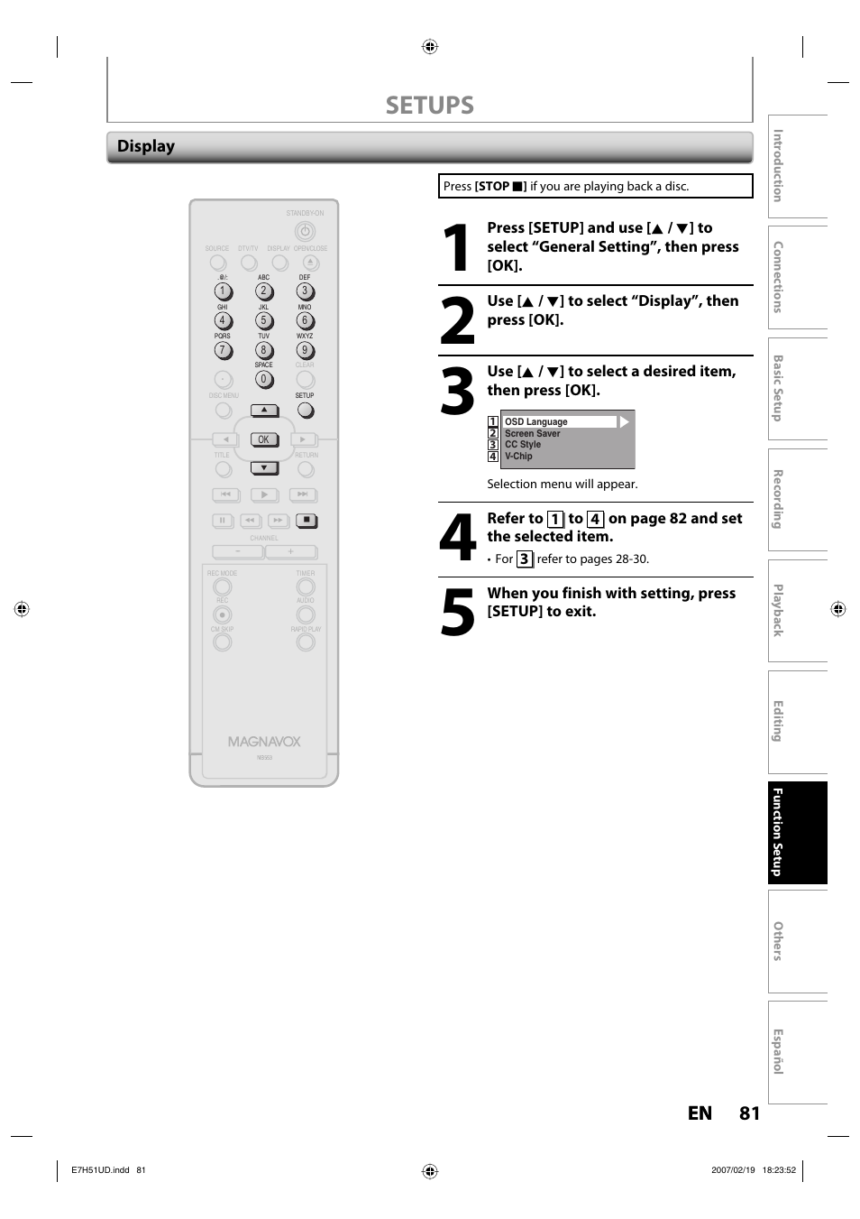 Setups, 81 en 81 en, Display | FUNAI ZC350MS8 User Manual | Page 81 / 102