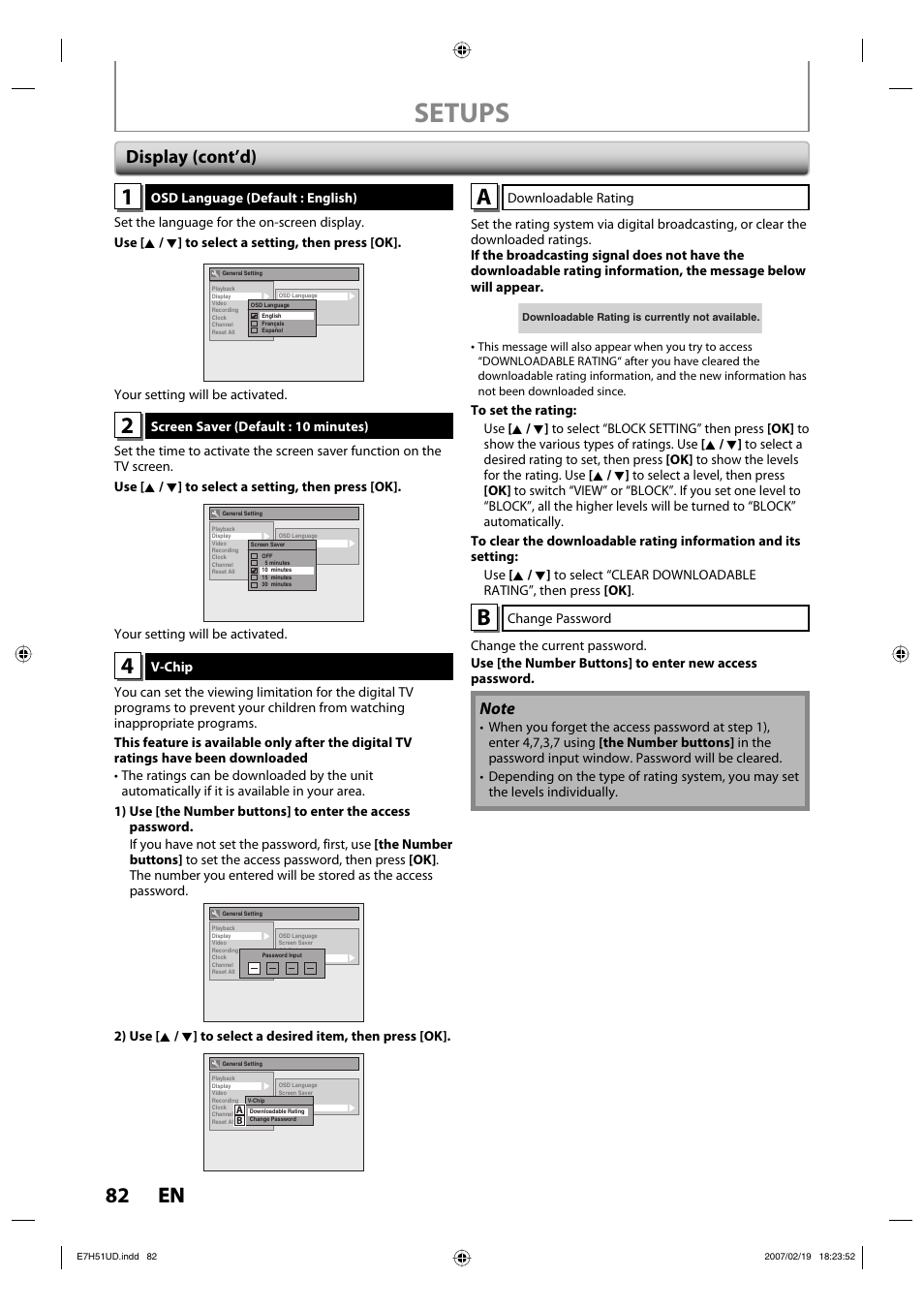 Setups, 82 en 82 en, Display (cont’d) | FUNAI ZC350MS8 User Manual | Page 82 / 102