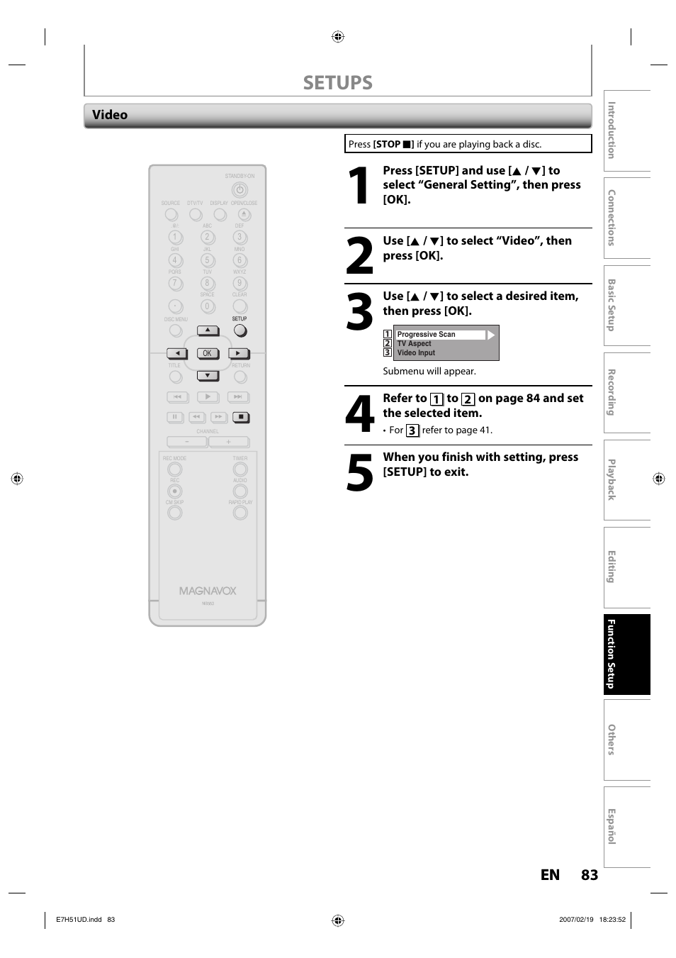 Setups, 83 en 83 en, Video | FUNAI ZC350MS8 User Manual | Page 83 / 102