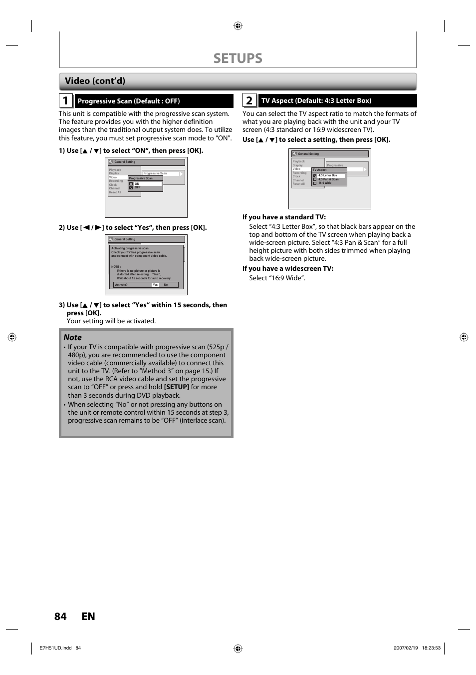 Setups, 84 en 84 en, Video (cont’d) | FUNAI ZC350MS8 User Manual | Page 84 / 102