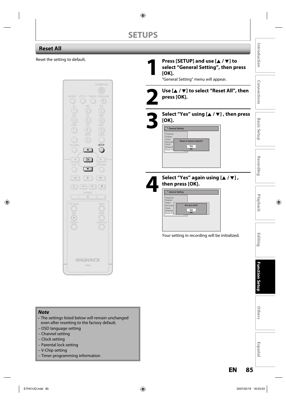 Setups, 85 en 85 en, Reset all | Select “yes” using [ k / l ] , then press [ok | FUNAI ZC350MS8 User Manual | Page 85 / 102