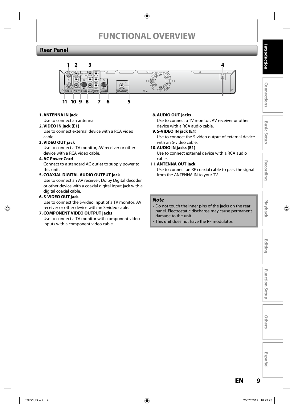 Functional overview, 9en 9 en, Rear panel | FUNAI ZC350MS8 User Manual | Page 9 / 102