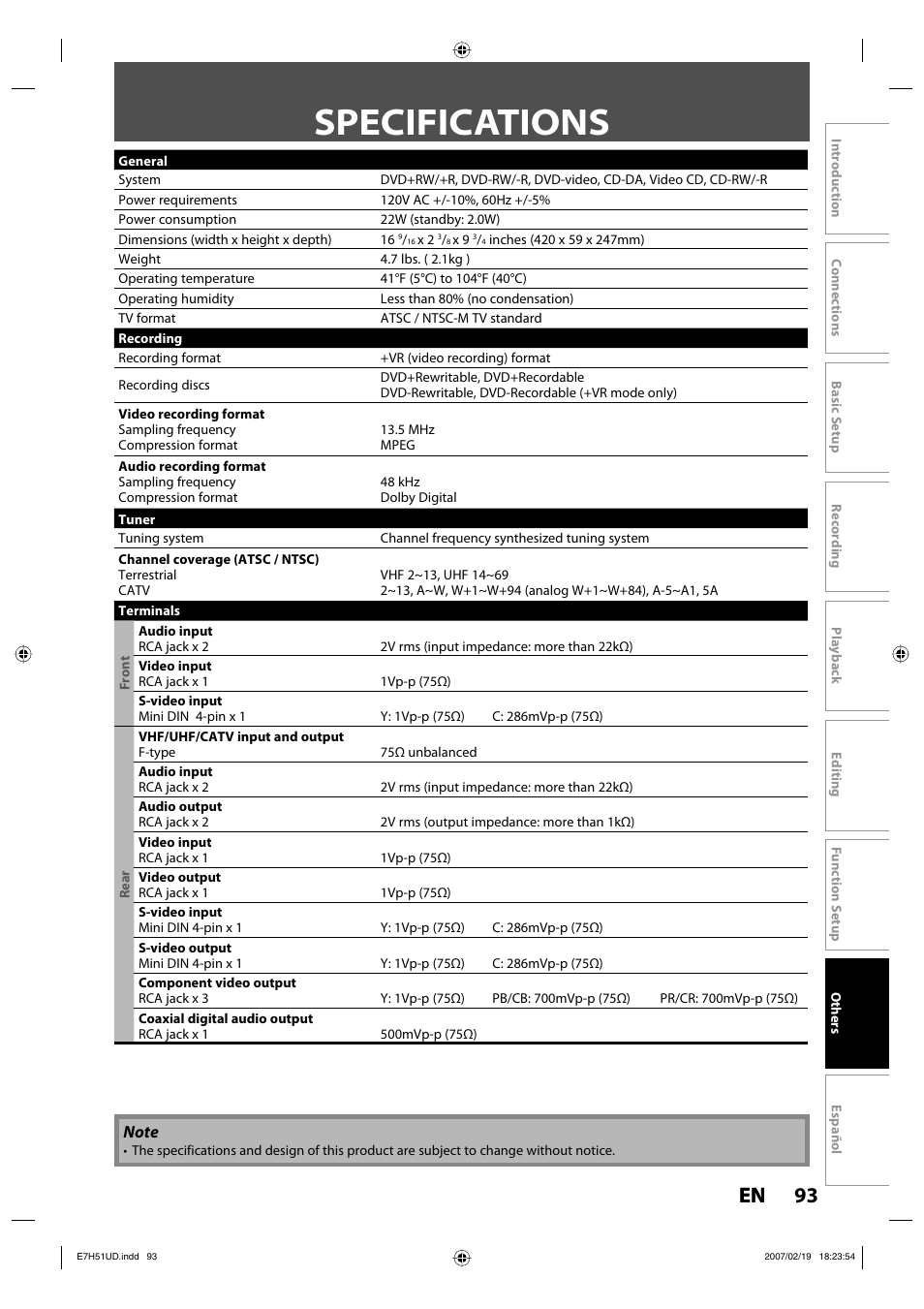 Specifications, 93 en 93 en | FUNAI ZC350MS8 User Manual | Page 93 / 102
