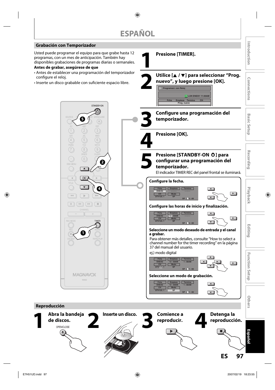 Español, 97 es, Abra la bandeja de discos | Inserte un disco, Comience a reproducir, Detenga la reproducción, Presione [timer, Configure una programación del temporizador, Presione [ok | FUNAI ZC350MS8 User Manual | Page 97 / 102