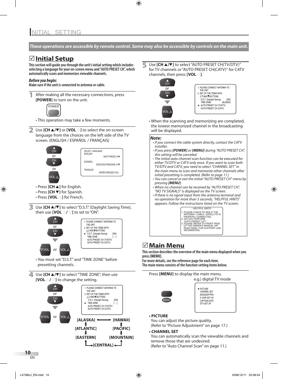 Nitial setting, Initial setup, Main menu | FUNAI CR270TT8 User Manual | Page 10 / 56