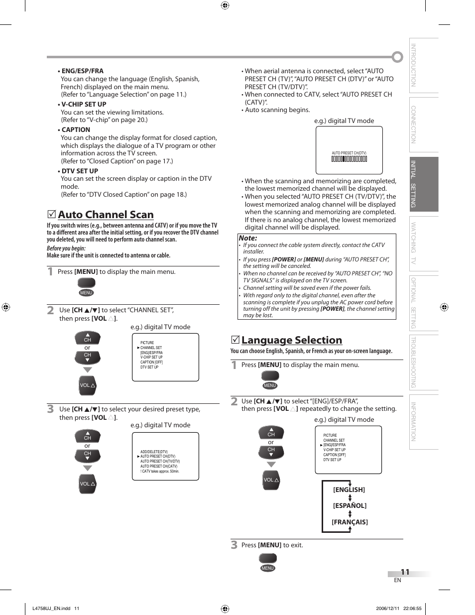 Auto channel scan, Language selection | FUNAI CR270TT8 User Manual | Page 11 / 56