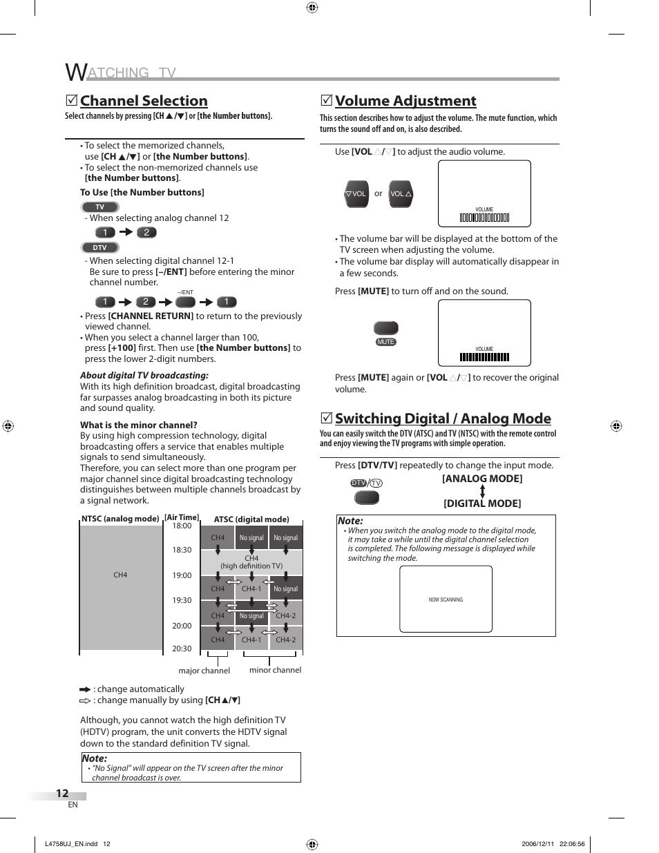 Atching tv, Channel selection, 5volume adjustment | Switching digital / analog mode | FUNAI CR270TT8 User Manual | Page 12 / 56