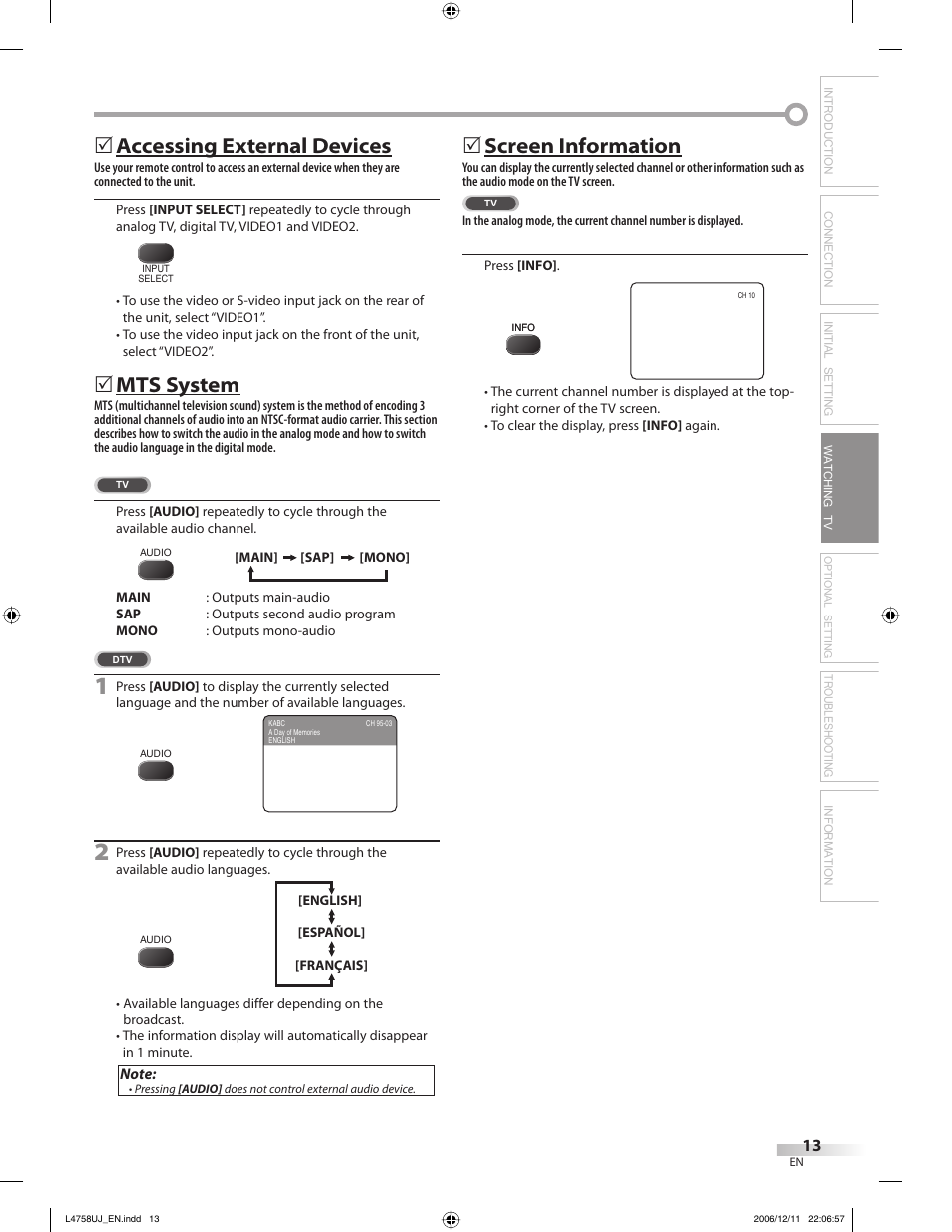 Accessing external devices, Mts system, 5screen information | Troubleshooting information | FUNAI CR270TT8 User Manual | Page 13 / 56