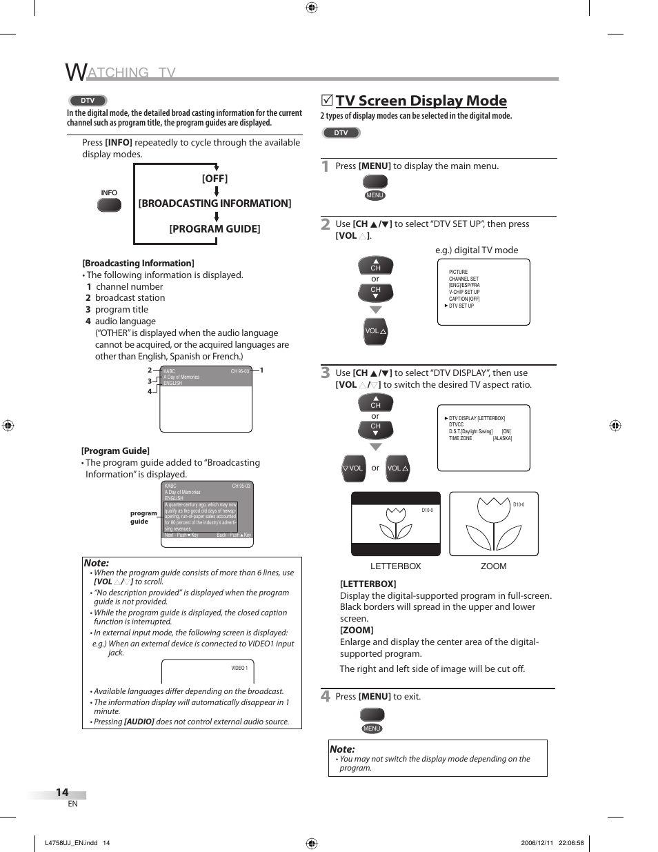 Atching tv, Tv screen display mode | FUNAI CR270TT8 User Manual | Page 14 / 56
