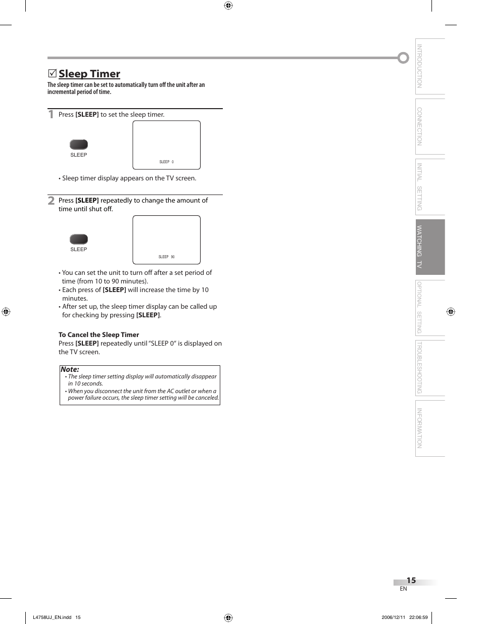 Sleep timer, Troubleshooting information | FUNAI CR270TT8 User Manual | Page 15 / 56