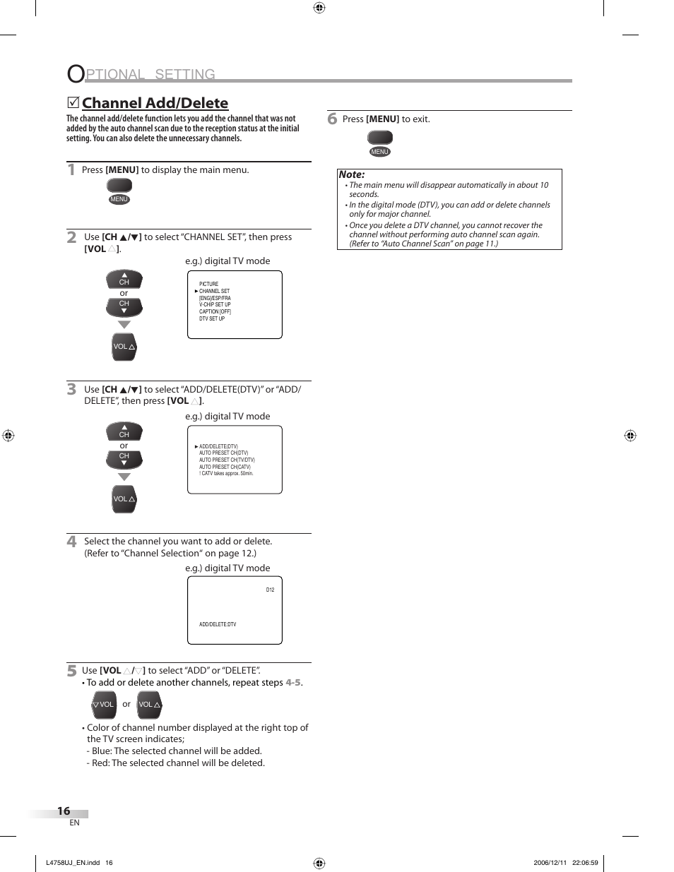 Ptional setting, Channel add/delete | FUNAI CR270TT8 User Manual | Page 16 / 56