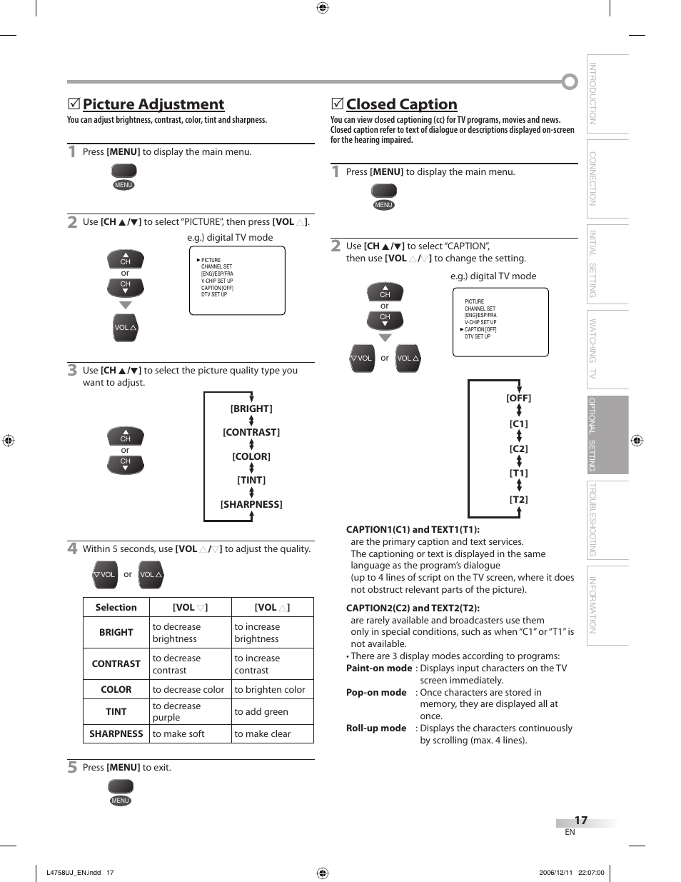 Picture adjustment, 5closed caption, Troubleshooting information | FUNAI CR270TT8 User Manual | Page 17 / 56