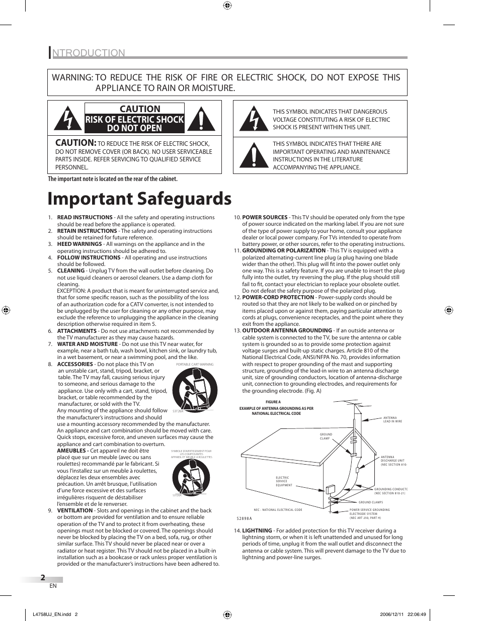 Important safeguards, Ntroduction, Caution | Caution risk of electric shock do not open | FUNAI CR270TT8 User Manual | Page 2 / 56