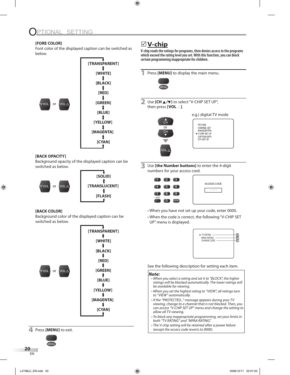 Ptional setting, V-chip | FUNAI CR270TT8 User Manual | Page 20 / 56